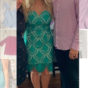 Lace emerald dress with mesh shoulder support